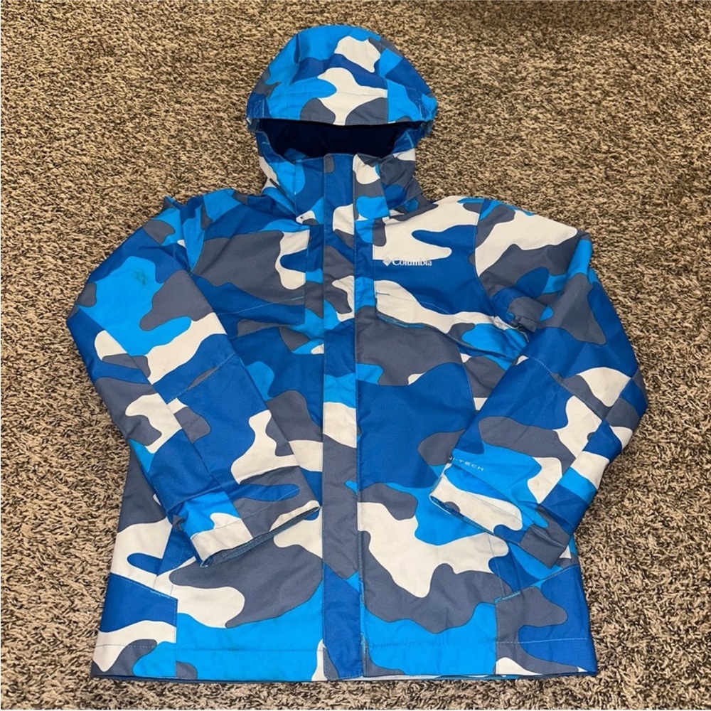 Stylish Kids Blue and Gray Camo Raincoat, couple stains, please see pics!